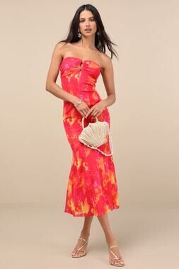 NWT Lulus Islay Hot Pink Floral Abstract Mesh Strapless Midi Dress Cruise Sz XL